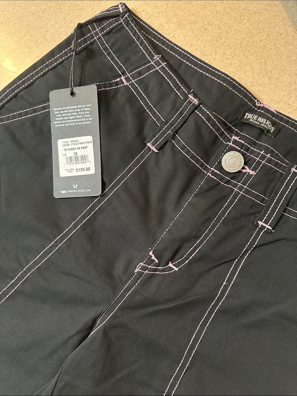 True Religion Black High-Rise Jeans with Pink Stitching Cargo Pants